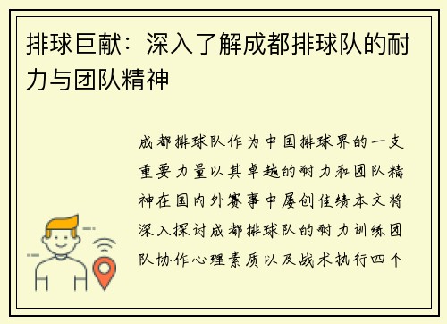 排球巨献：深入了解成都排球队的耐力与团队精神